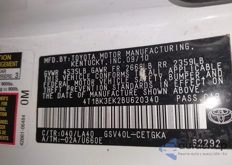 2011 Toyota Camry Xle V6 z USA, uszkodzony, nr VIN 4T1BK3EK2BU620340